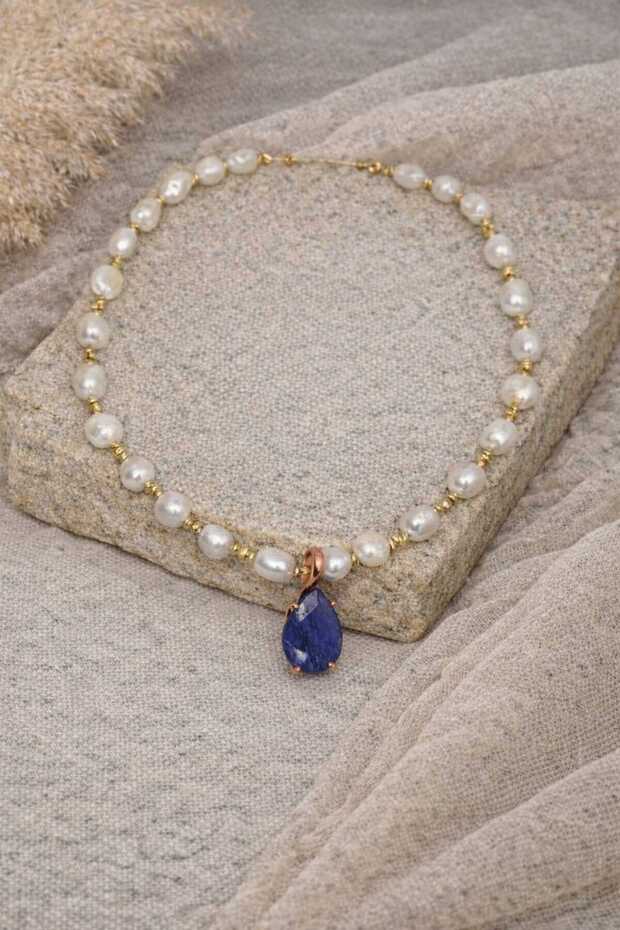 Handmade Necklace Designed with Real Sapphire Natural Gemstone Pendant and Realfreshwater Pearl Elegance
