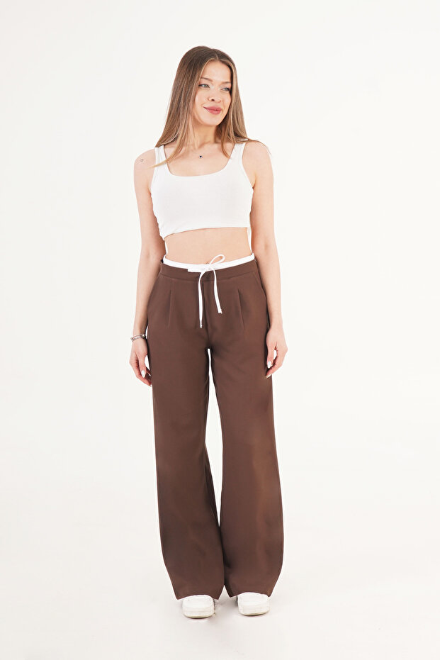 Bel Double-Banded Wide-Leg Brown Trousers