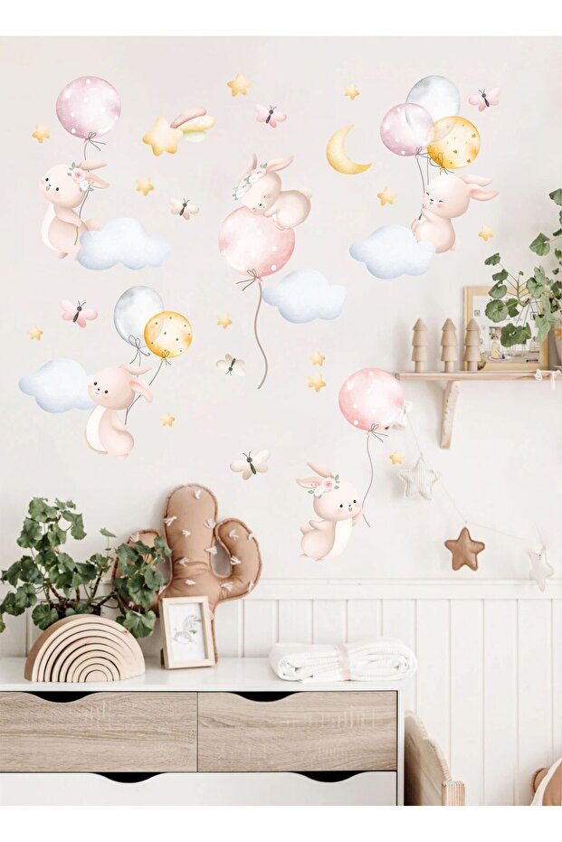 Cute Rabbits with Balloons Wall Sticker Set, Children's and Baby's Room Sticker