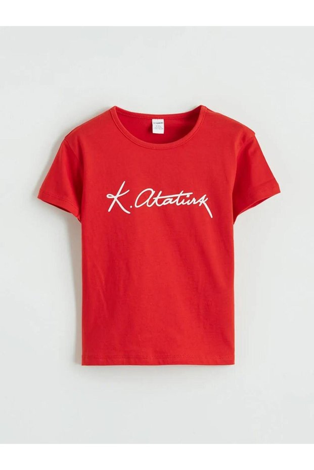 Red Crew Neck Ataturk Printed Girls' T-Shirt (S6)