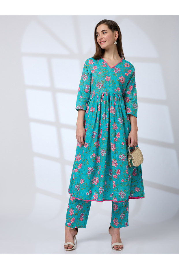 Pom Pom Lace Floral Print A-Line Kurta and Pants Workwear Set