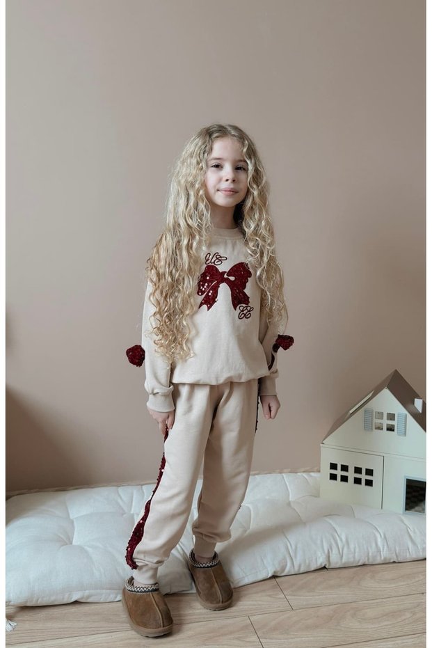 Girls' New Season Festive Sequence Ribbon Detail Sporty-Stylish Top and Bottom Set