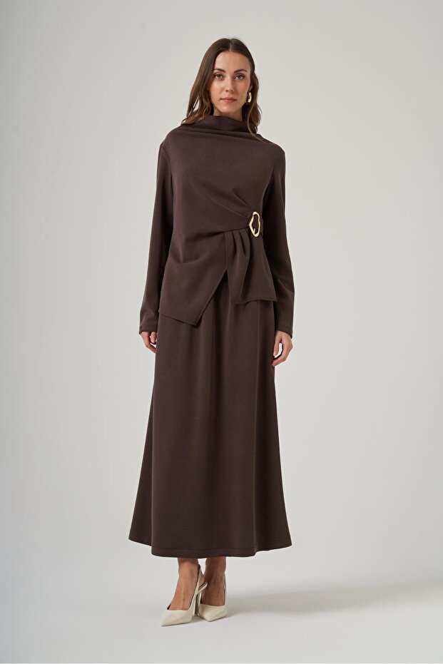 1080 Gold Buckle Draped Long Skirt Suit - Brown