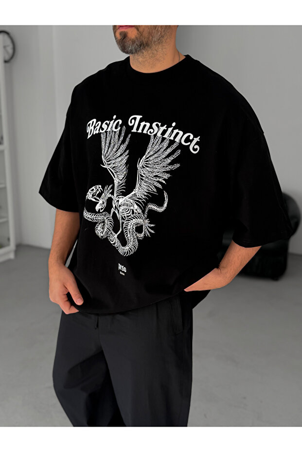 Siyah Basic İnstinct Baskılı Oversize T-Shirt BS- - 2