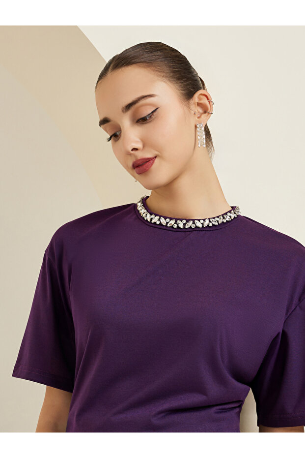 Purple Embellished Neckline Oversized T-Shirt