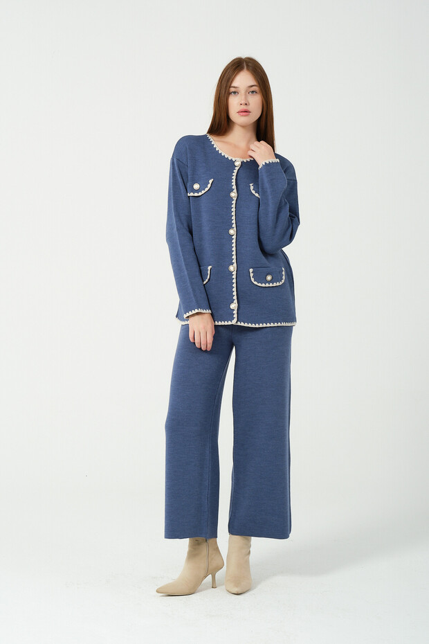 Hatunatila Crochet Knitted Knitwear Double Set with Pockets 3052 Navy Blue