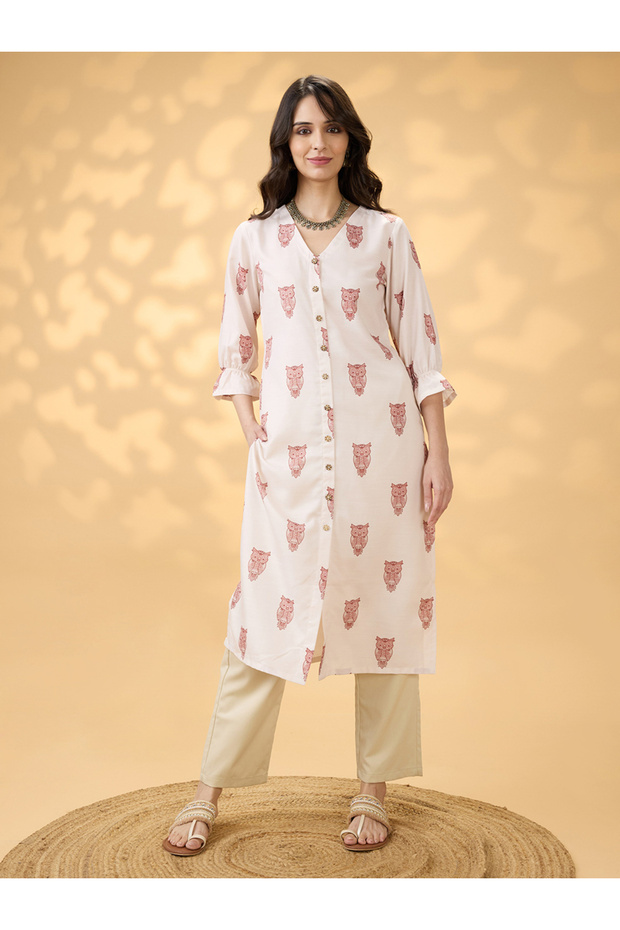 V Neck Animal Print Button Detail Straight Fusion Kurta