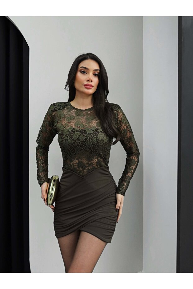 Dantel Drapeli Vatkalı Mini Elbise - 1