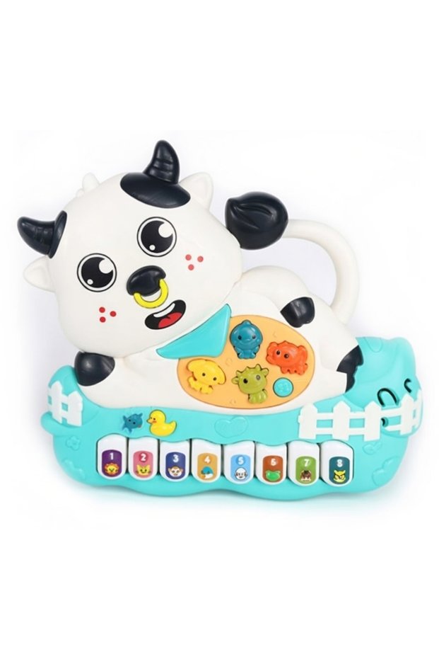 -Baby Musical Cow Piano Toy with Lights & Sounds - Blue