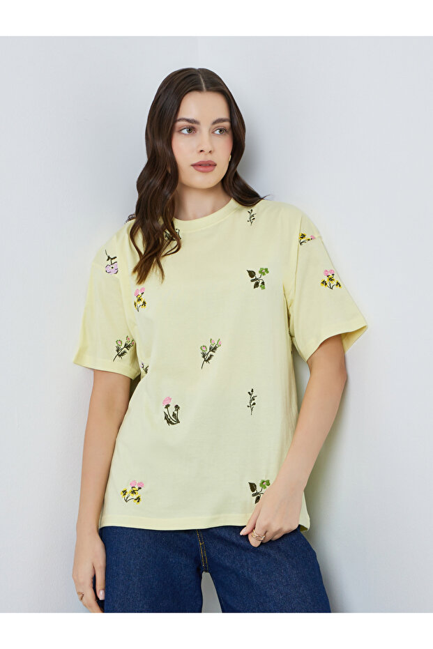 Women Yellow Embroidered Floral Oversized T-Shirt
