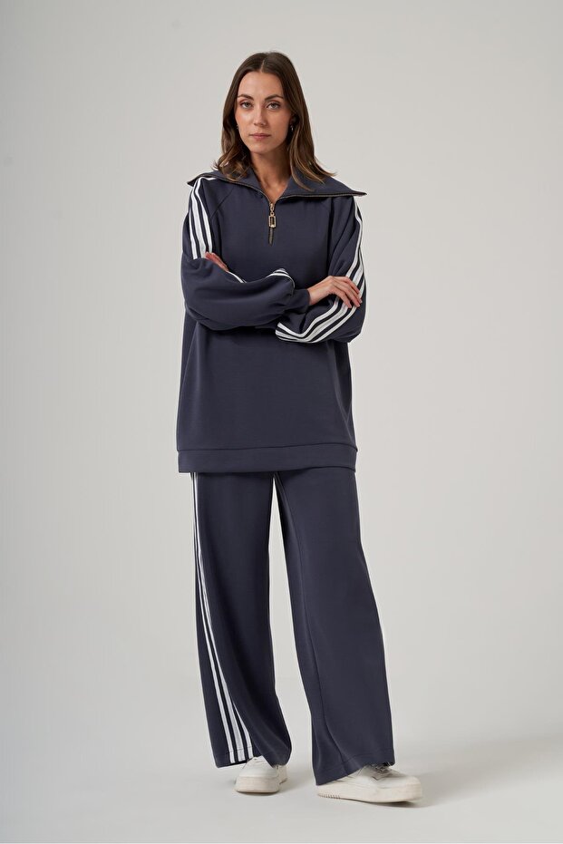 1093 Half-Zipper Stripe Detail Trouser Suit - Navy Blue