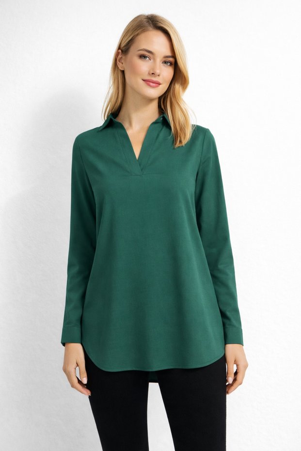Emerald Green Viscose V-Neck Relaxed Fit Long Sleeve Women's Shirt Blouse