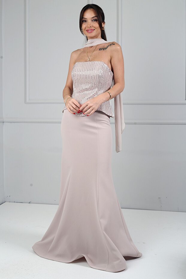 Women's Strapless Collar Underwire Stone Detailed Lined Crepe Fish Dress