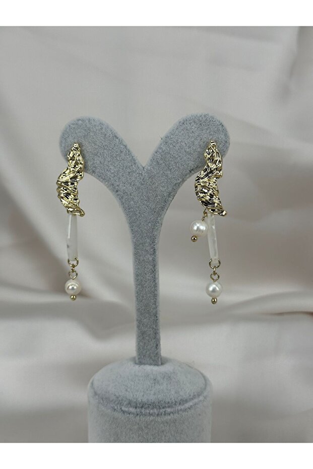Gold Color Textured Pearl Detailed Dangle Women's Earrings