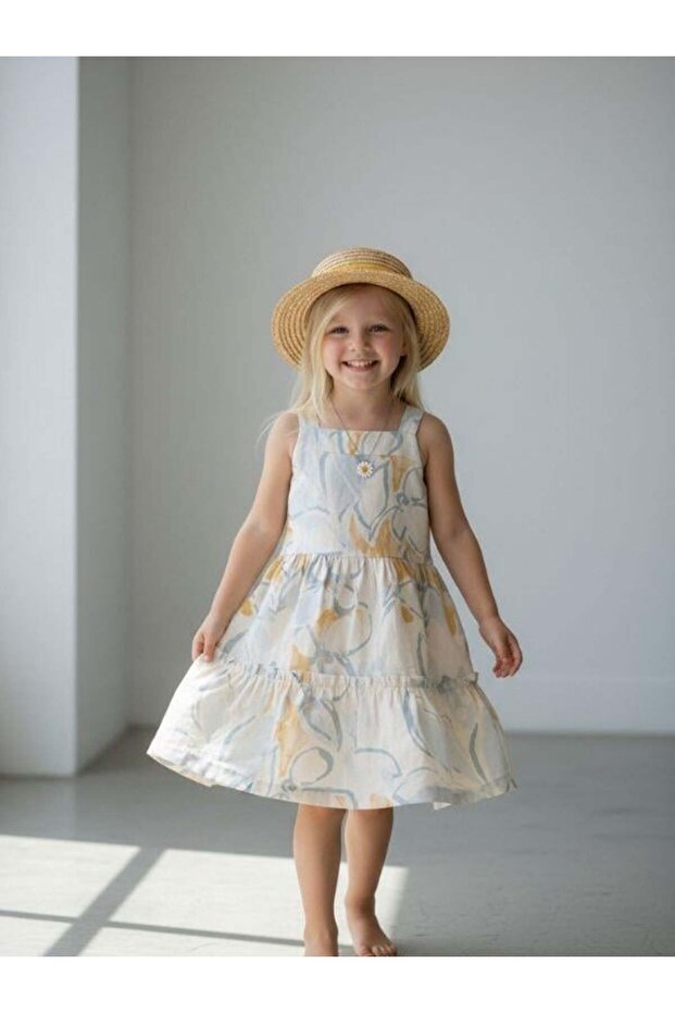 Girl's Patterned Strappy Linen Dress