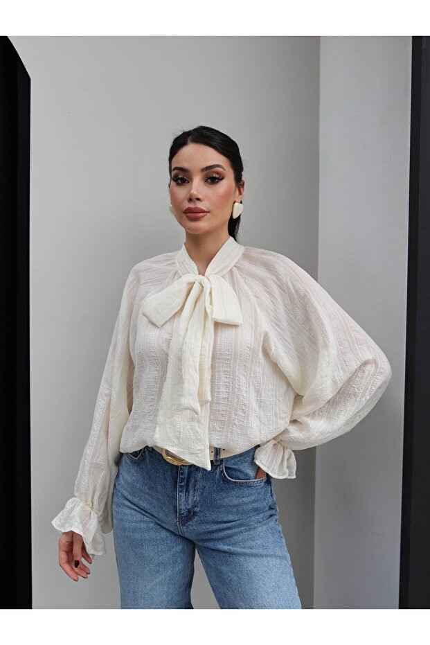 Fular Yakalı Oversize Gömlek - 4