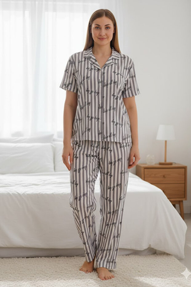 Milan Fabric Front Buttoned Patterned Pajama Set 902 - 1