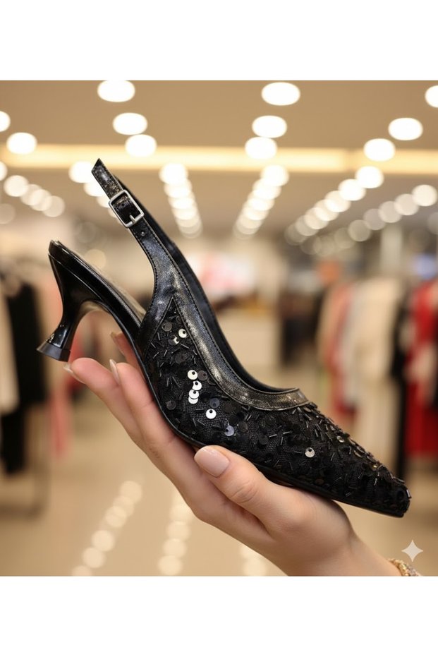 (Bono) Pul Detailed Closed Toe Short Heeled Women's Evening Dress Shoes Black