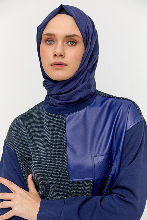 Deri Parçalı Fileli Tunik - 5