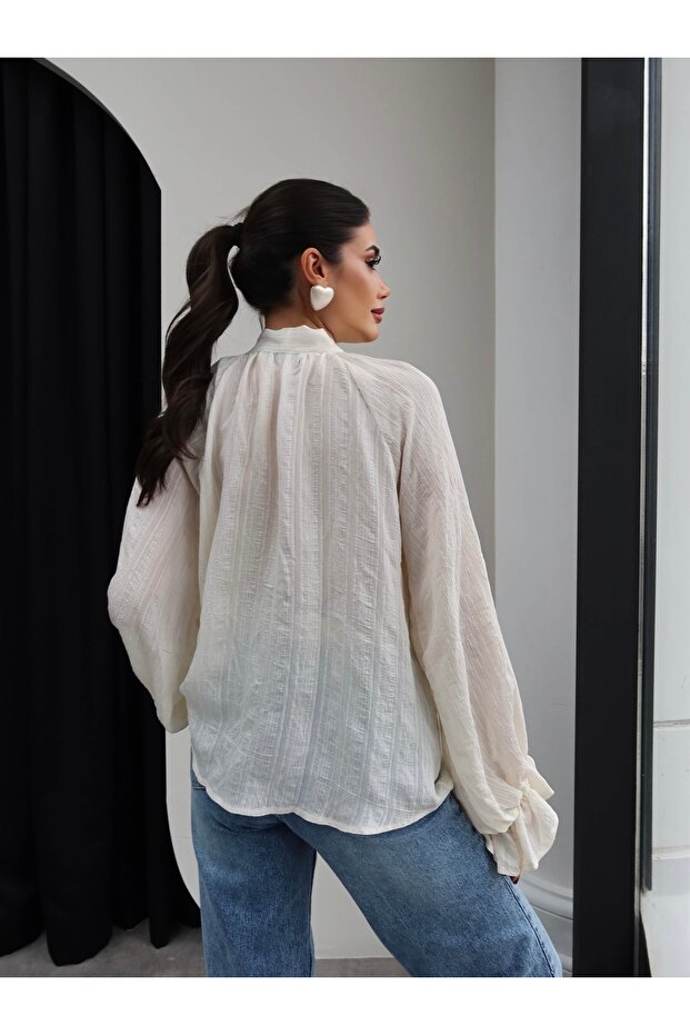 Fular Yakalı Oversize Gömlek - 5