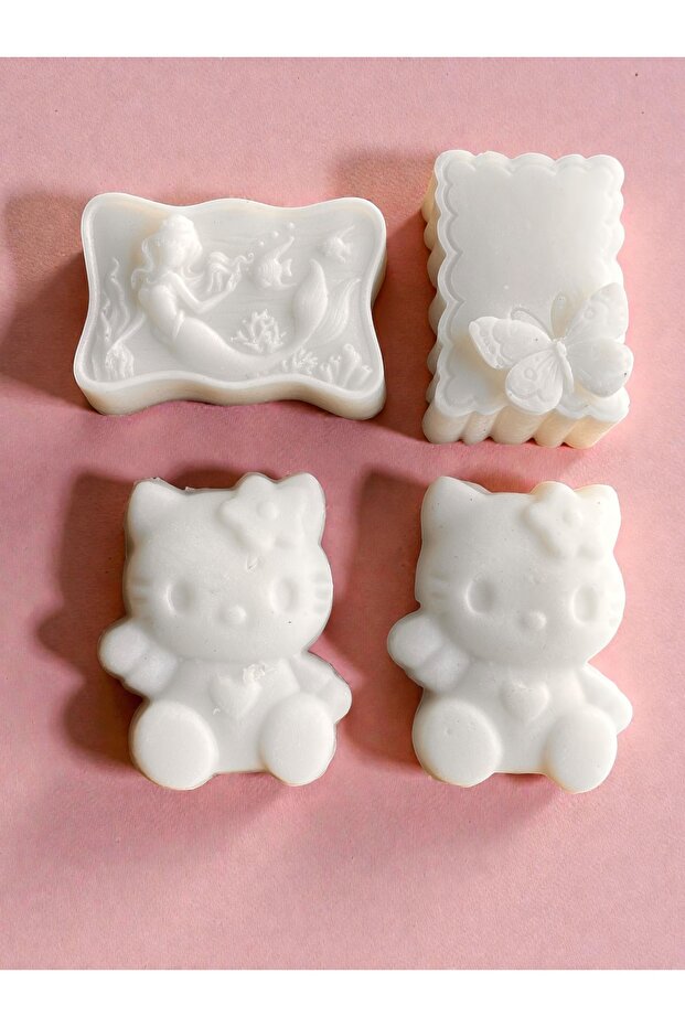 White Children's Soap 4 Pieces Hello Kitty, Mermaid, Butterfly Support for Cleaning Habits, Decorative