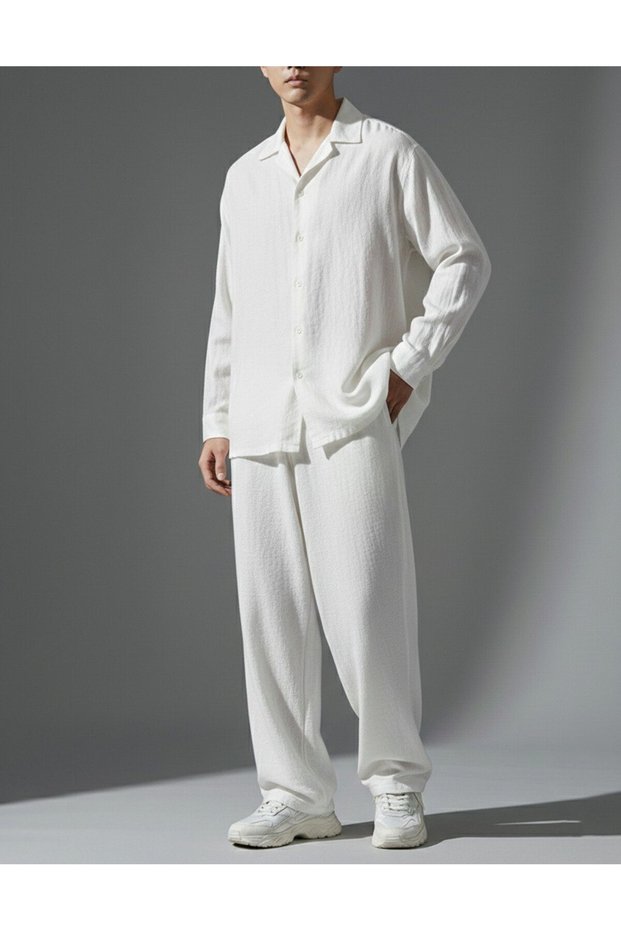 Men's Flam Ham Linen Oversize Shirt Baggy Fit Tracksuit Bottom-Top Set