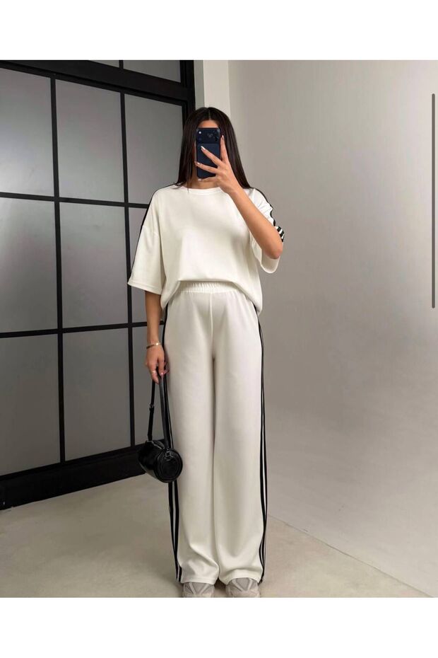 Women's White Oversize Stripe Detailed Double Stretch Modal Set