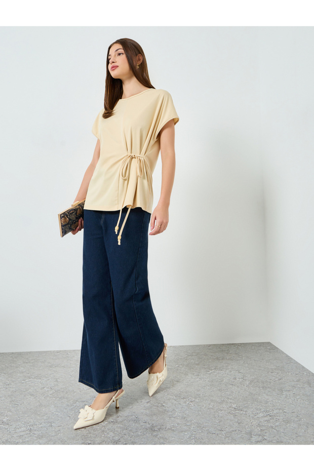 Beige Solid Loose Side Tie Blouse - 2