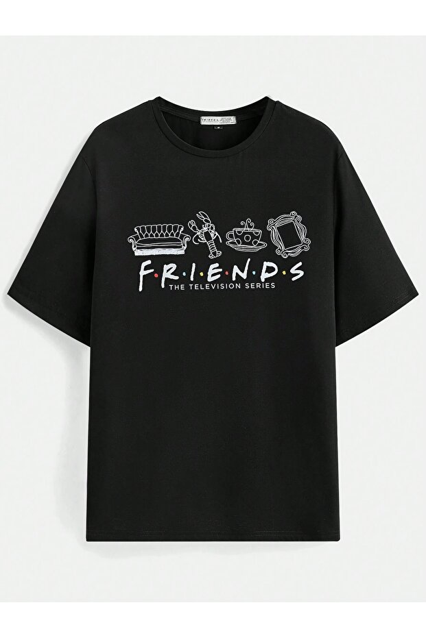 Friends Printed Black Oversize Unisex T-Shirt Basic Comfortable Fit Daily Tshirt
