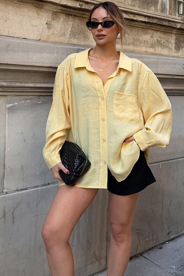 Yellow Oversize Single Pocket Comfortable Fit Women's Shirt