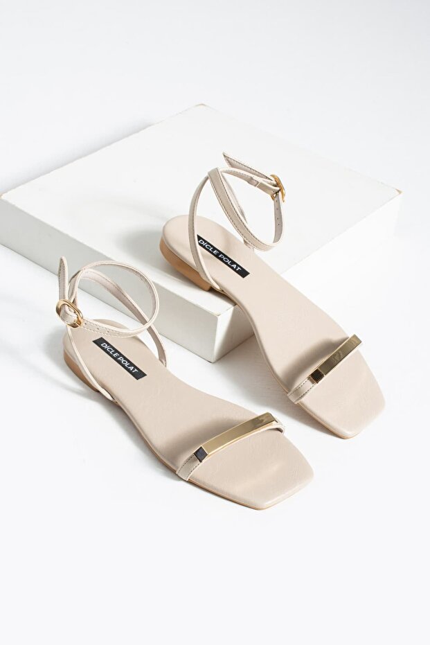 Women's Ankle Strap Beige Sandals with Gold Accessories, Flat Sole, Summer Casual Stylish Sandals Nobi