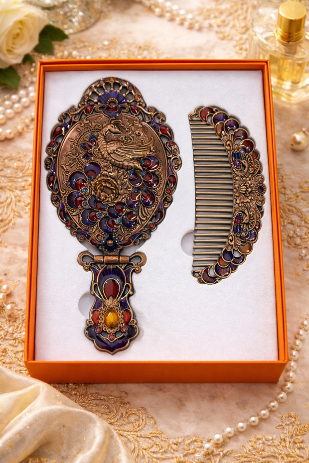 Ottoman Vintage Peacock Patterned Hand Mirror & Comb Set – Antique Silver Tone Gift Set