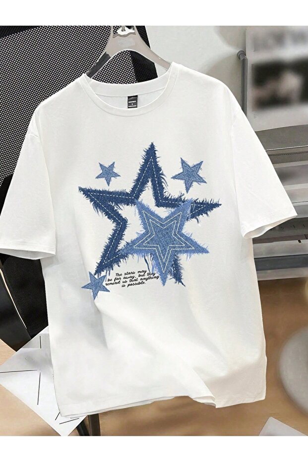 Star Printed White Oversize Unisex T-Shirt Basic Comfortable Fit Daily Tshirt