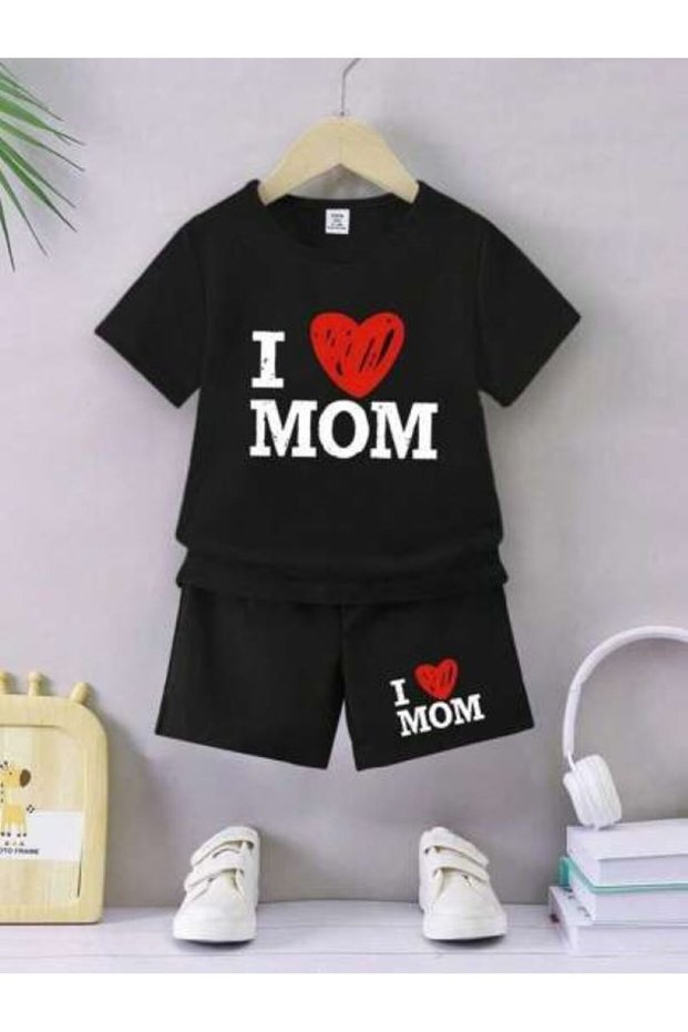 Summer I Mom Printed Girls' and Boys' Black Top and Bottom Shorts T-Shirt Set