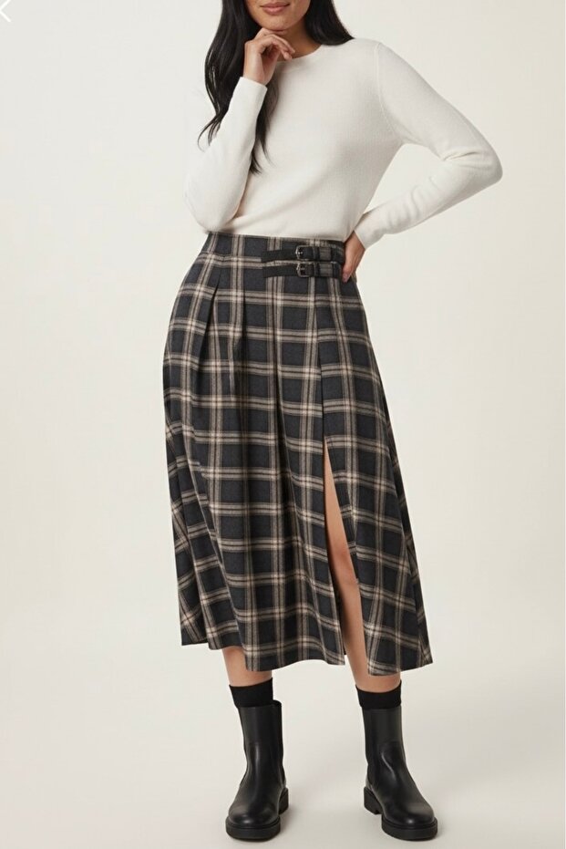 Women's Belt Detailed Checkered Slit Flared Skirt - Anthracite Mink