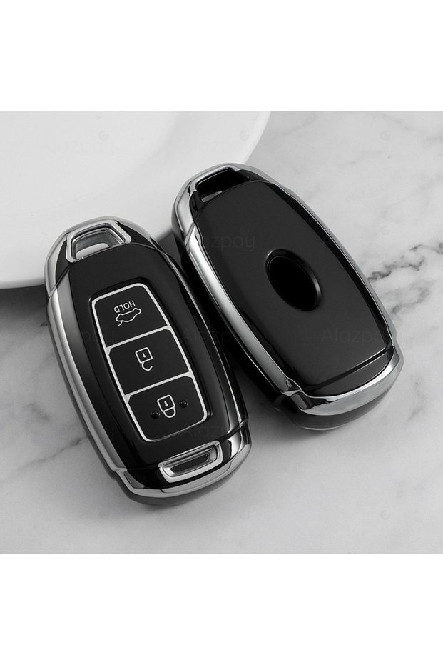 Hyundai Compatible Accent, Elantra, Kona, I10, I30, Ix35, Santa Fe Silver Edge Tpu Key Case Cover (Black)
