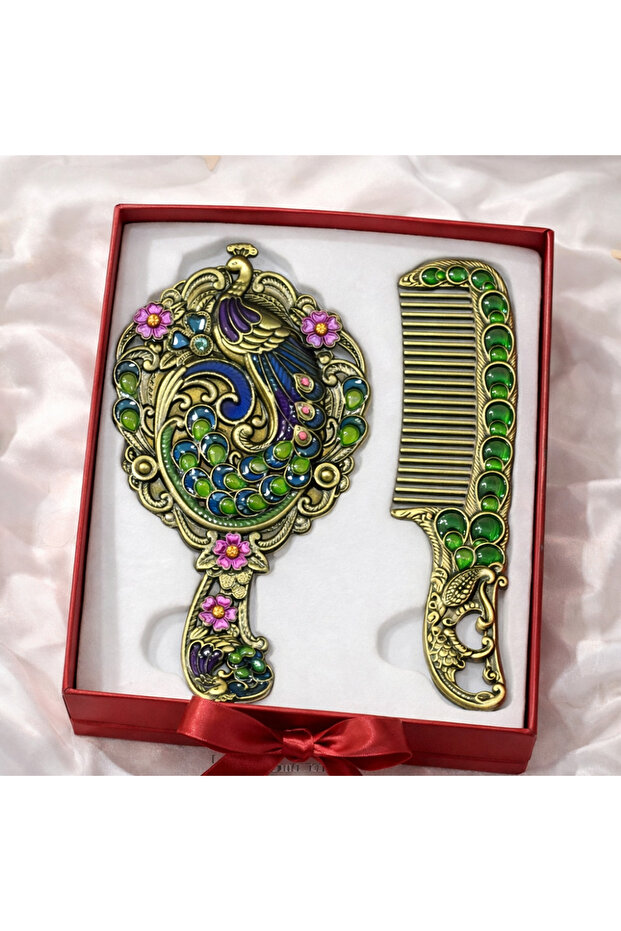 Ottoman Palace Collection Embroidered Hand Mirror and Comb Set with Antique Copper Stones, Luxurious Gift Boxed