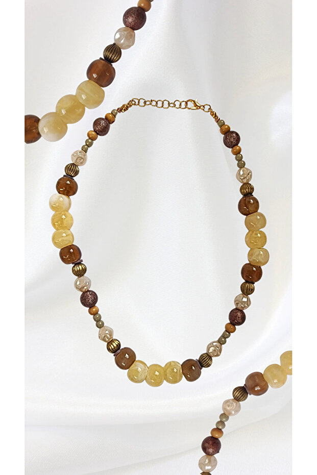 Yellow Amber Tones Large Bead Design Necklace with Amorphous Pearl Bead Details