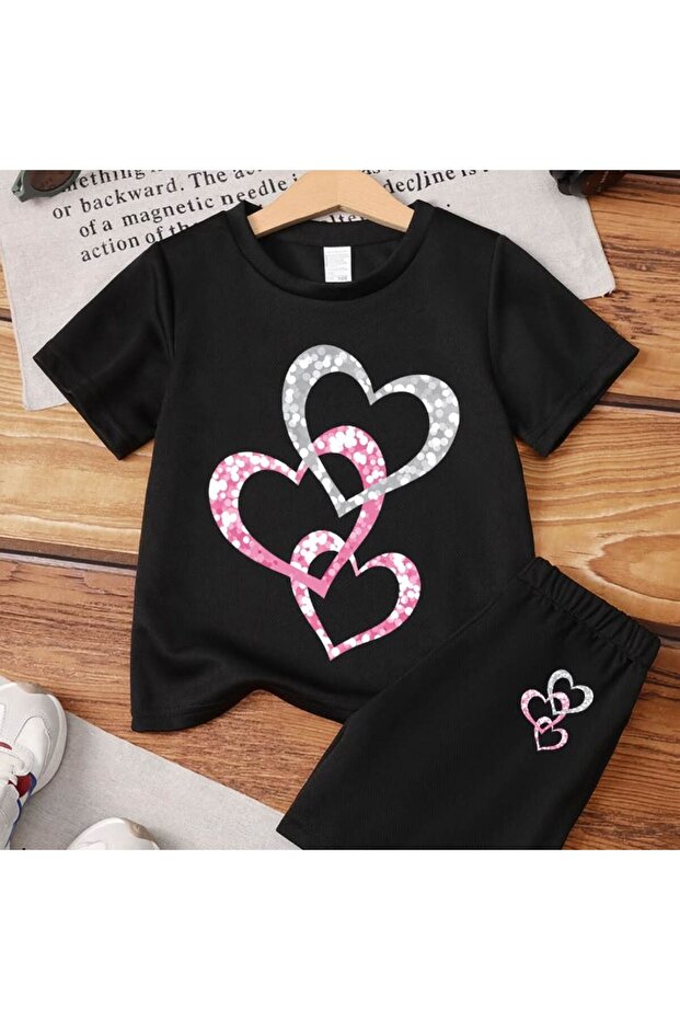 Summer Three Ring Heart Girl's Black Bottom-Top Shorts T-Shirt Set