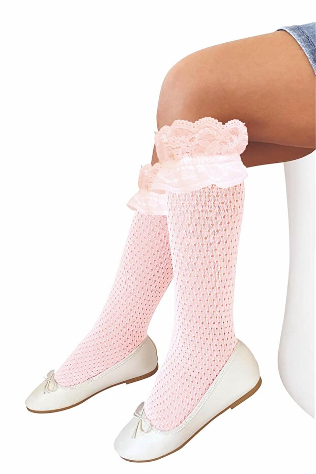 Girl's Pink and White Lace Knee Socks