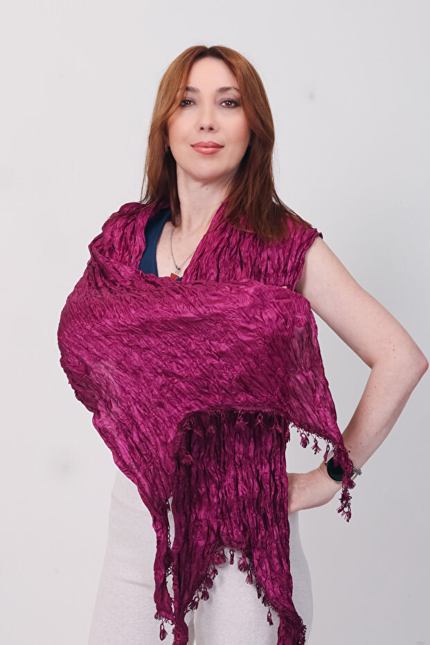 Shawl: Luxury Satin Silk Plum Crinkle Shawl (68X190 cm)