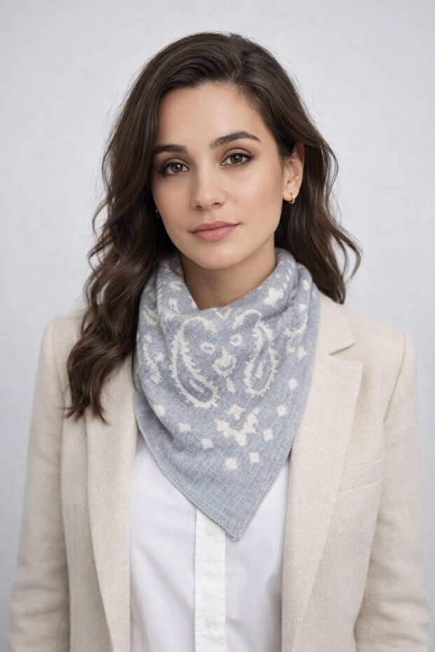 Desenli Çift Taraflı Triko Üçgen Fular - 1