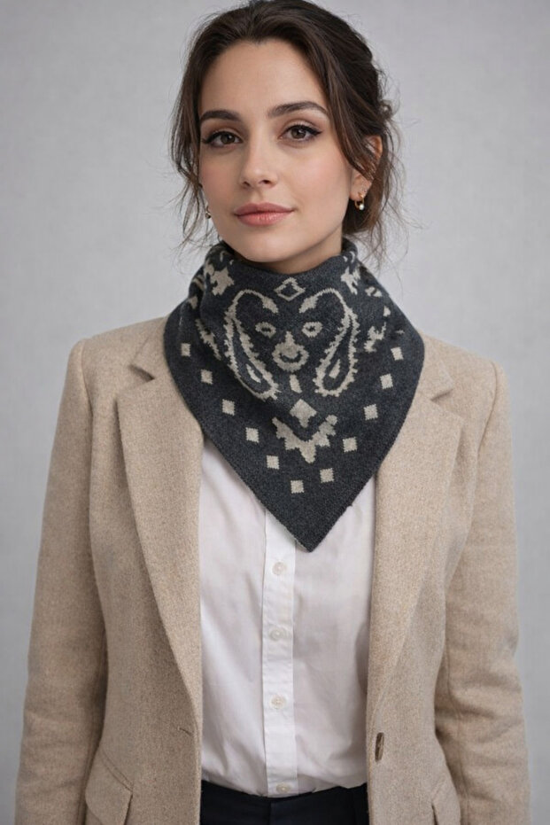 Desenli Çift Taraflı Triko Üçgen Fular - 4