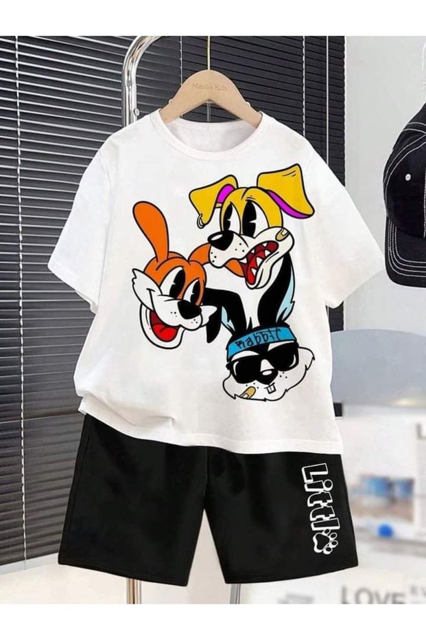 Summer Triple Ninja Dog Printed Boys and Girls Black Shorts, White T-Shirt Set