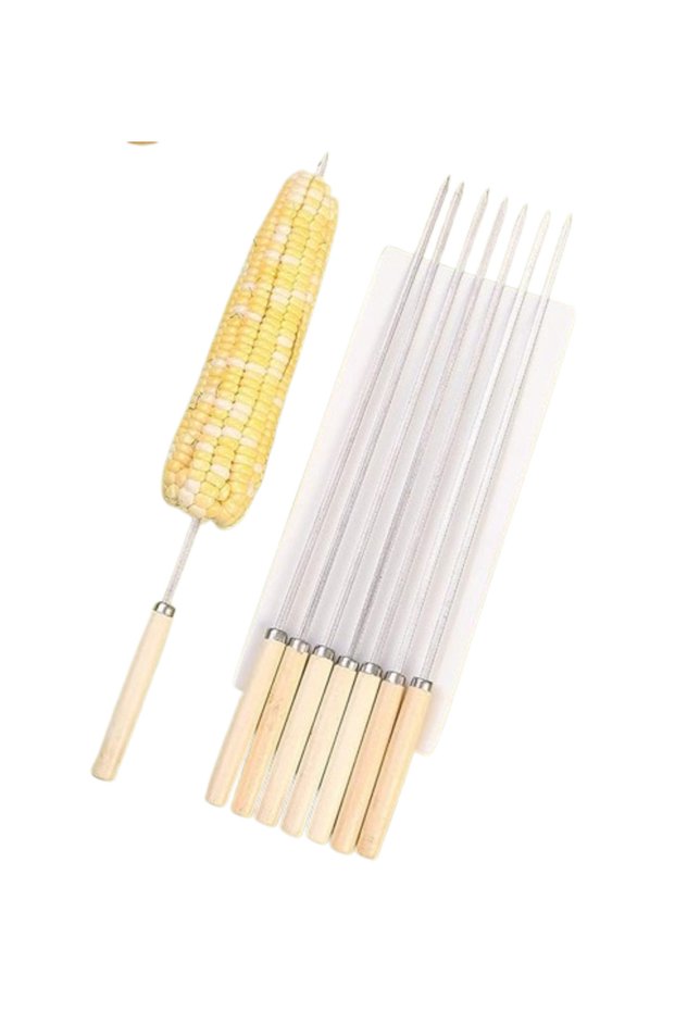 6 Pcs Kebab Skewers, Barbecue Skewer, Wooden Handle, Reusable Stainless Steel Metal BBQ Kabab Sticks
