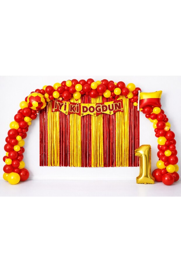 60 Balloons Yellow Red Fan Deluxe Gold Birthday Balloon Backdrop & Birthday Balloon Party Set