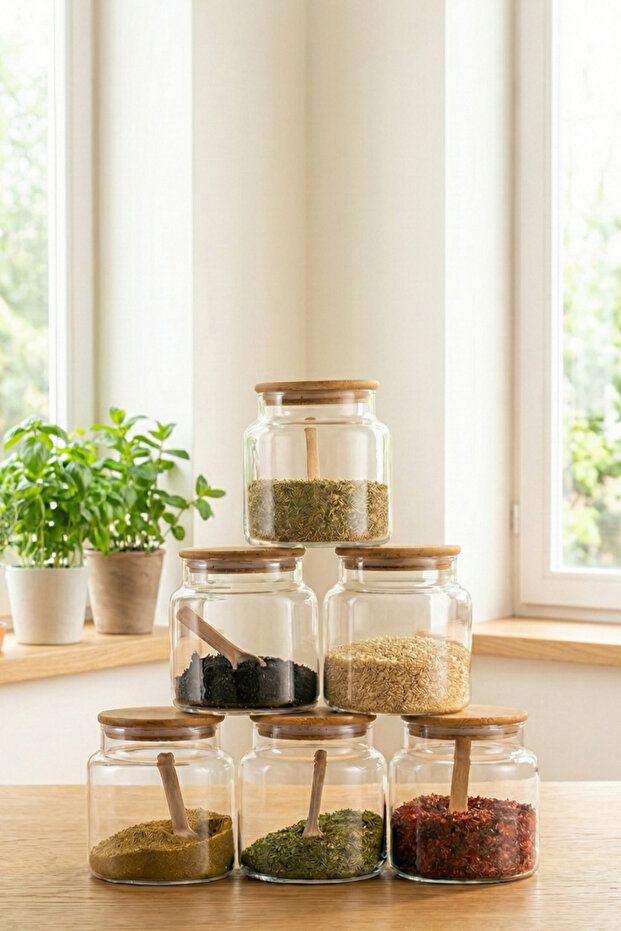 | Small | 6-Piece Vacuum Glass Jars with Bamboo Lids - Spice Set 500 ml with Label and Spoon as a Gift