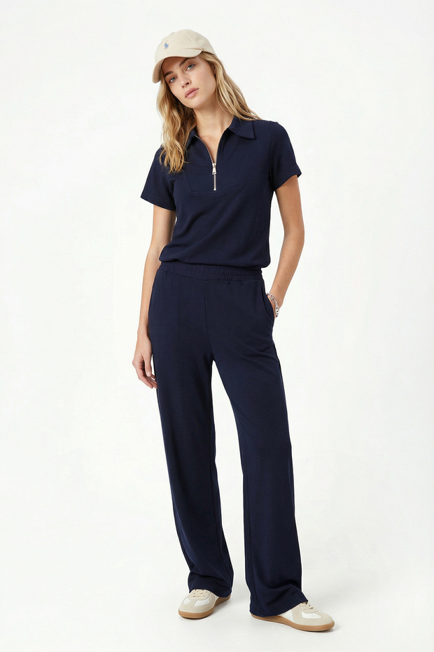 Women's Nola Modal Touch Zippered Polo Collar Waist Elastic Pocketed Navy Blue Top and Bottom Set