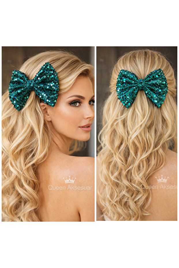 Luxurious Design Shiny Sequin Sequined Automatic Clip-On Velvet Bow Hair Clip Emerald Green