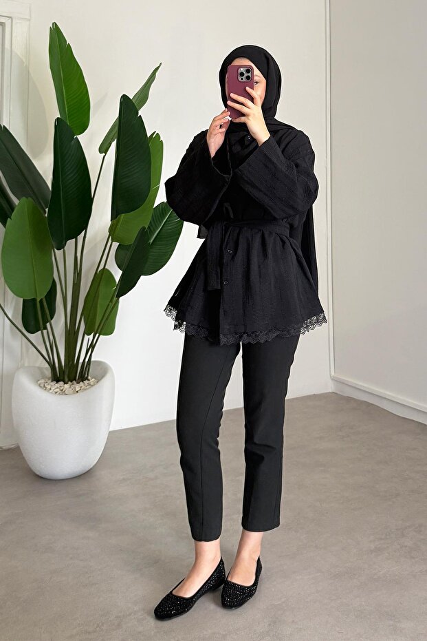 Kemerli Gömlek - Siyah - 4